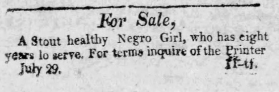 Brief 1814 Lancaster advertisement to sell an enslaved Black girl.